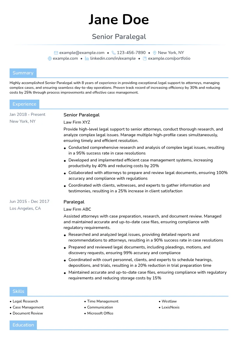 Senior Paralegal resume example