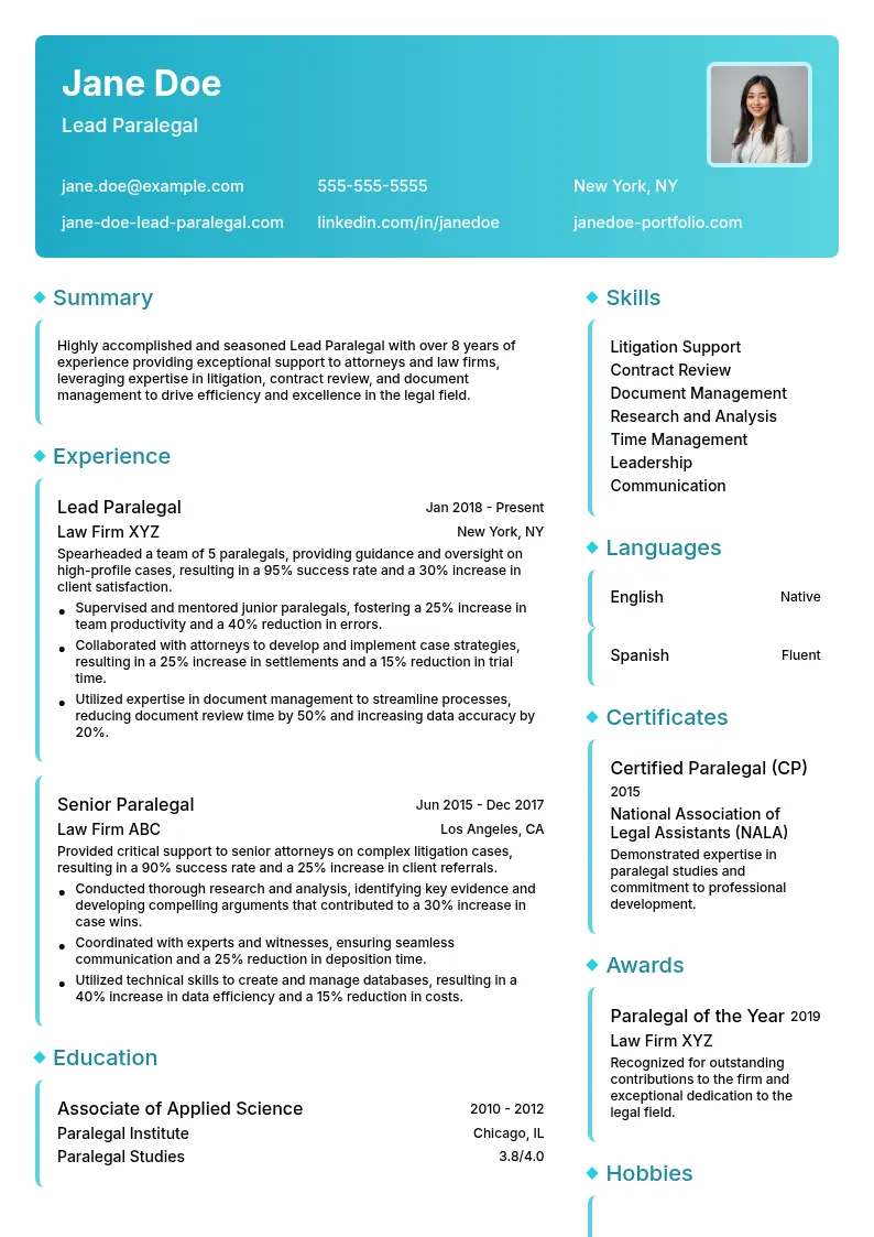 Lead Paralegal resume example