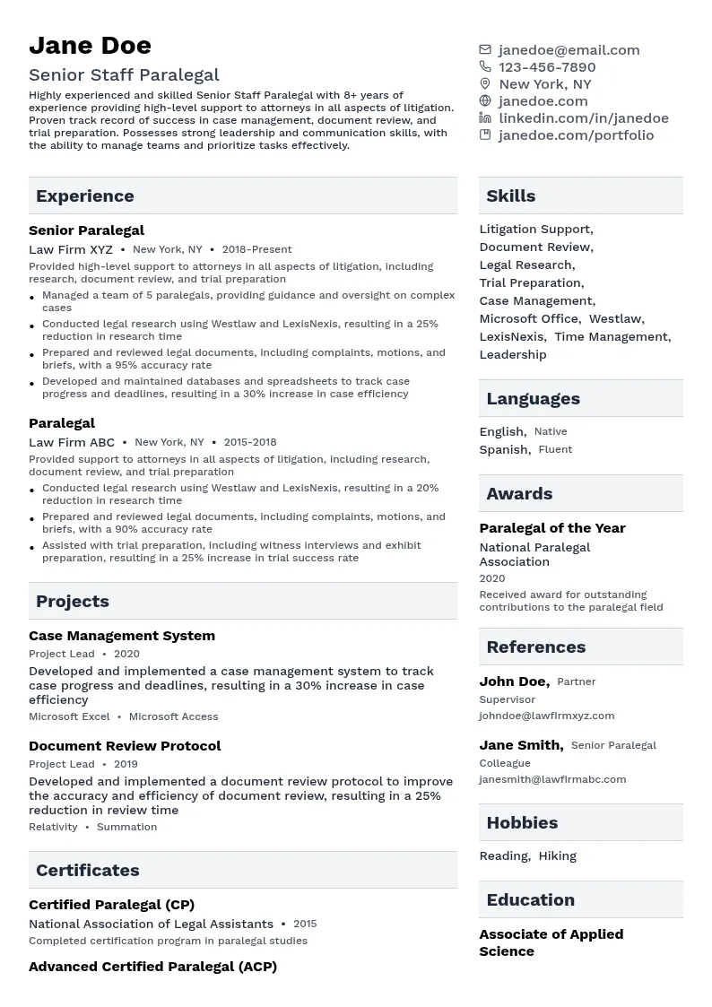 Senior Staff Paralegal resume example