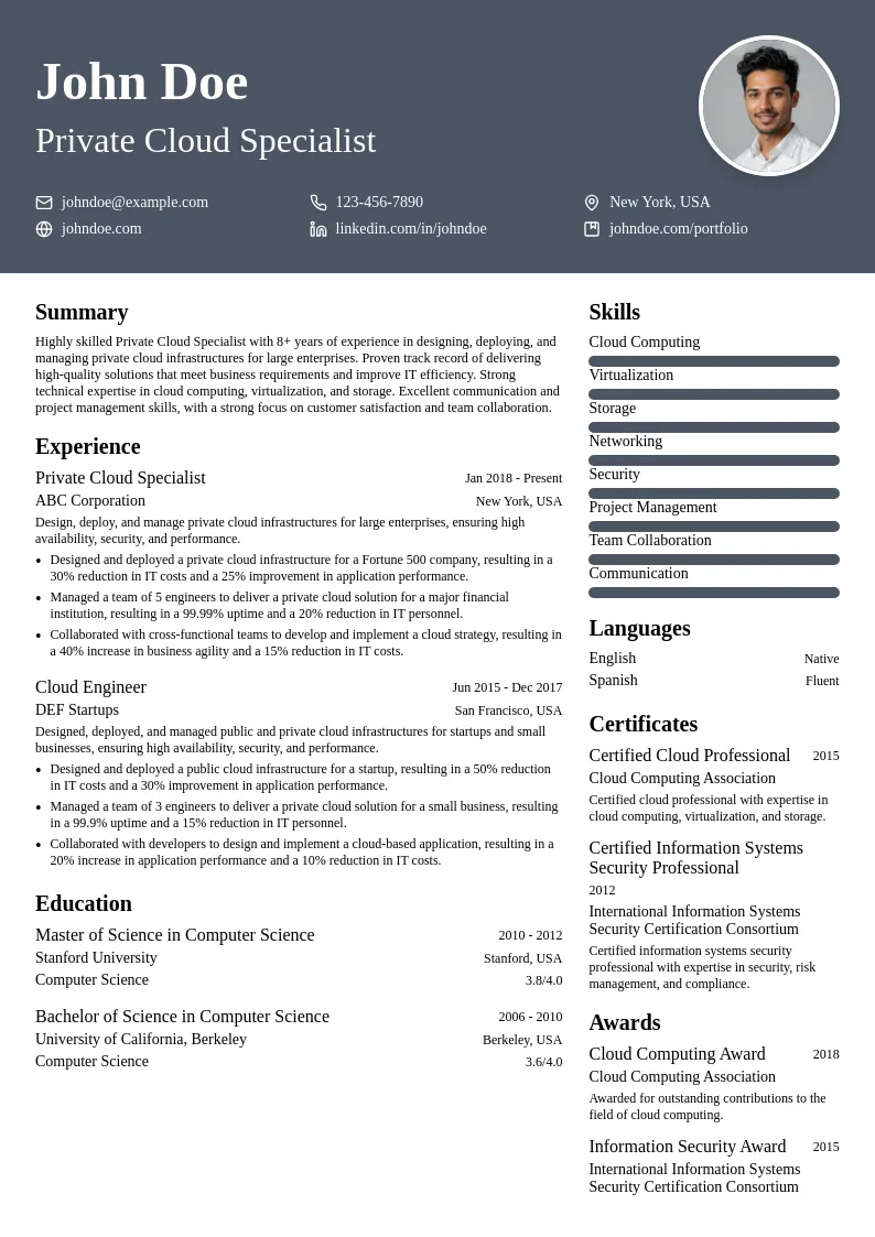 Private Cloud Specialist resume example
