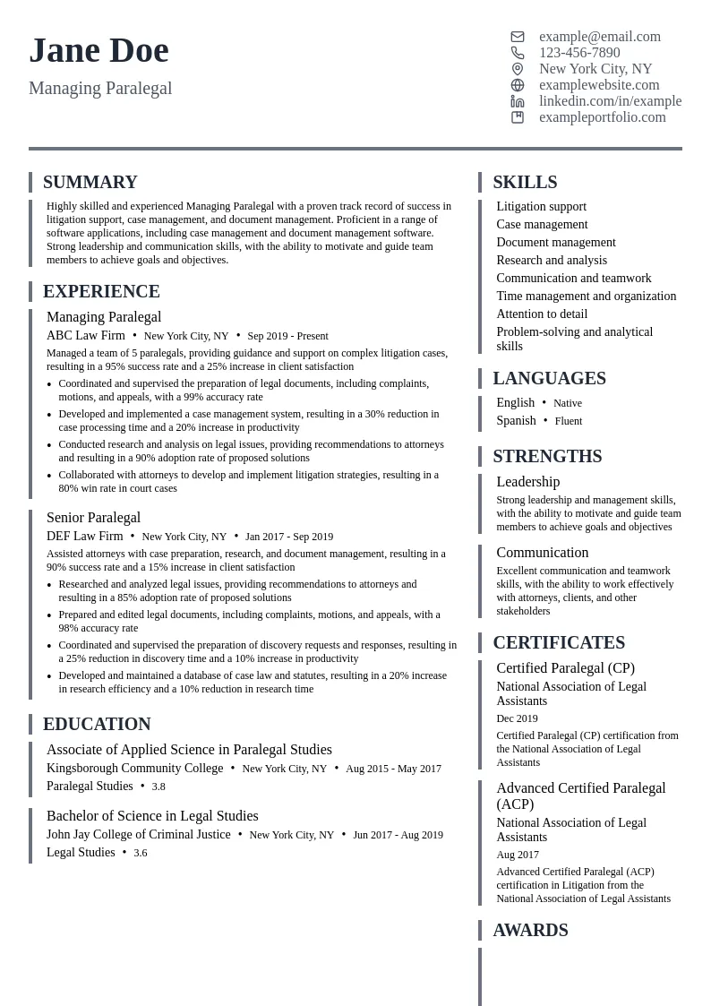 Managing Paralegal resume example