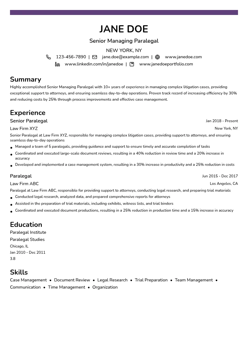 Senior Managing Paralegal resume example
