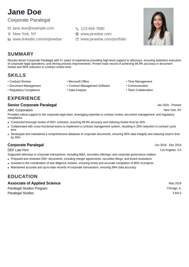 Corporate Paralegal resume example