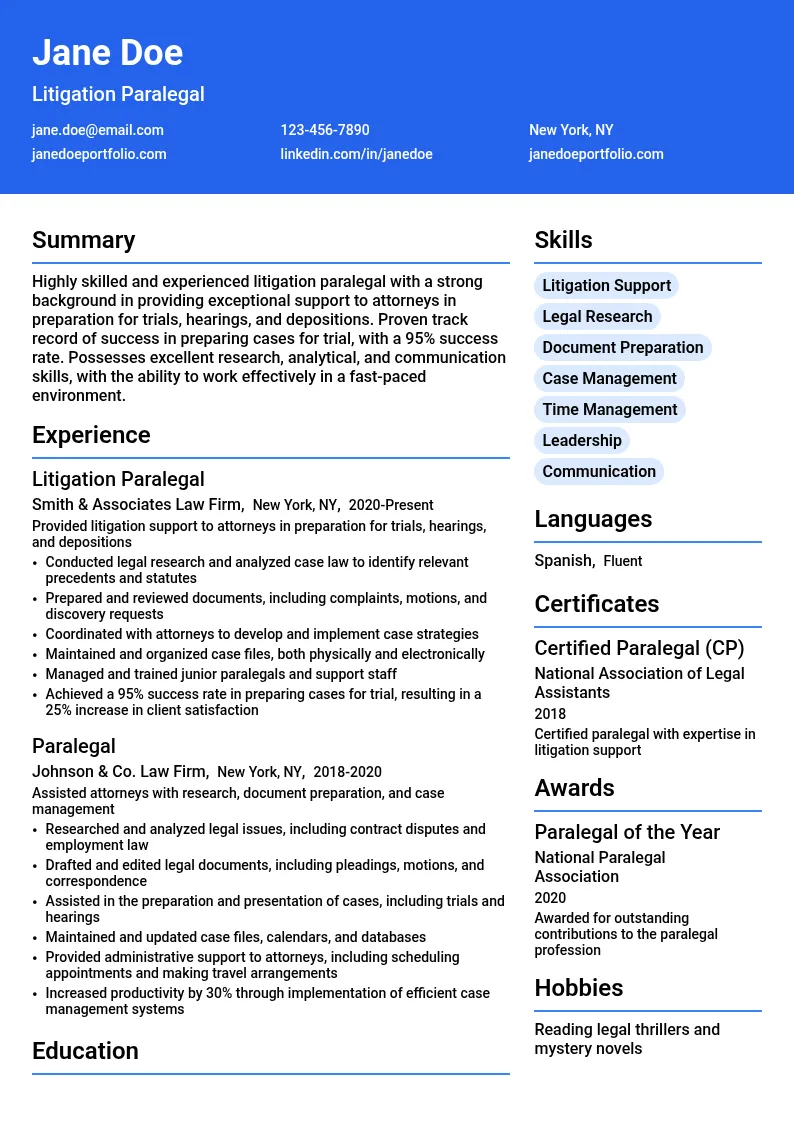Litigation Paralegal resume example