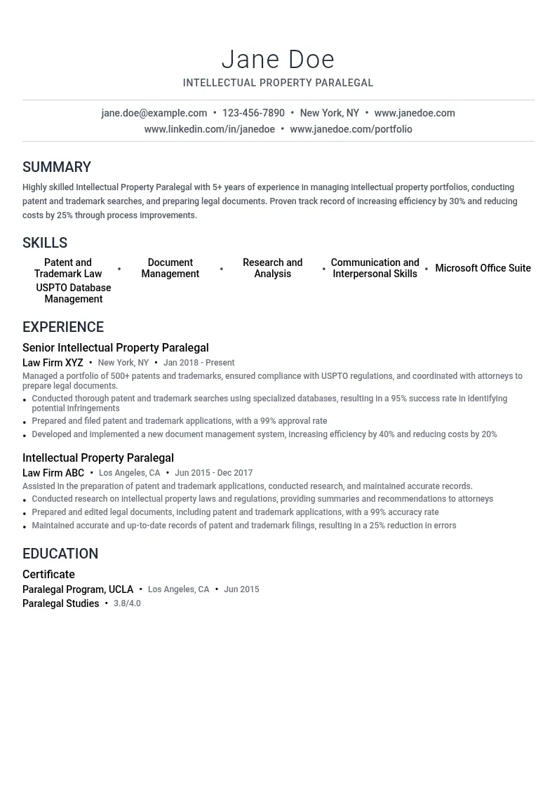 Intellectual Property Paralegal resume example