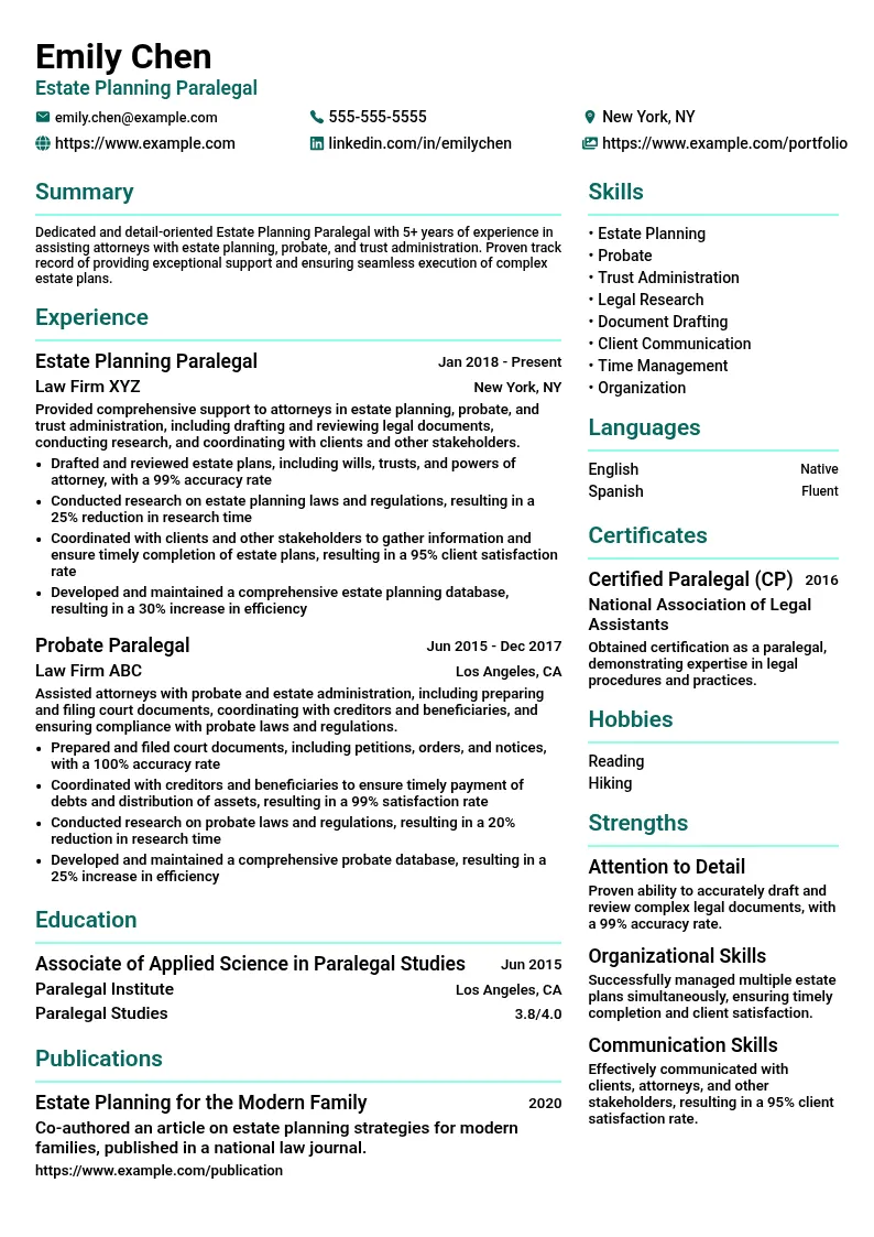 Estate Planning Paralegal resume example