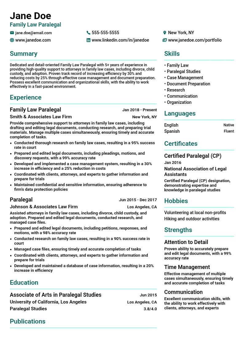 Family Law Paralegal resume example