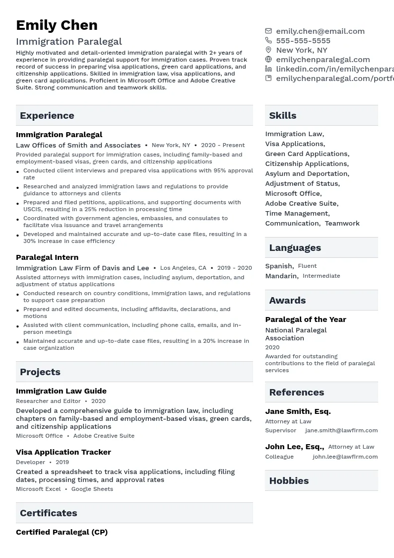 Immigration Paralegal resume example