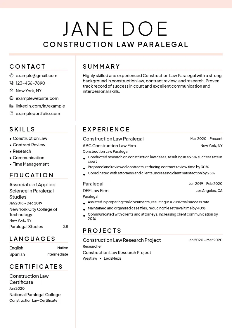Construction Law Paralegal resume example