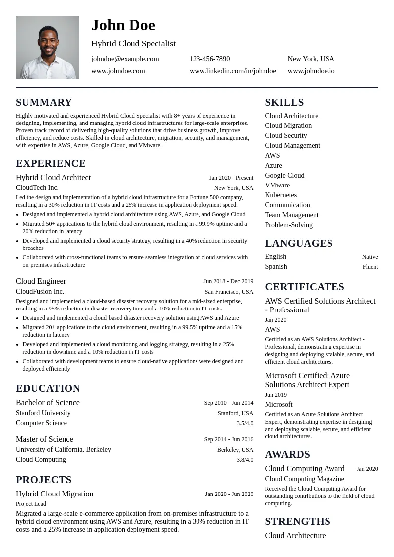 Hybrid Cloud Specialist resume example