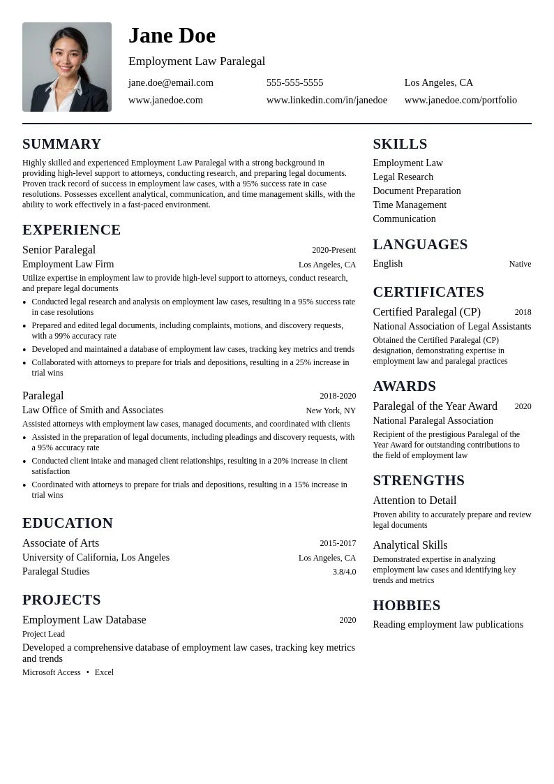 Employment Law Paralegal resume example