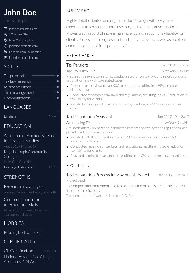Tax Paralegal resume example