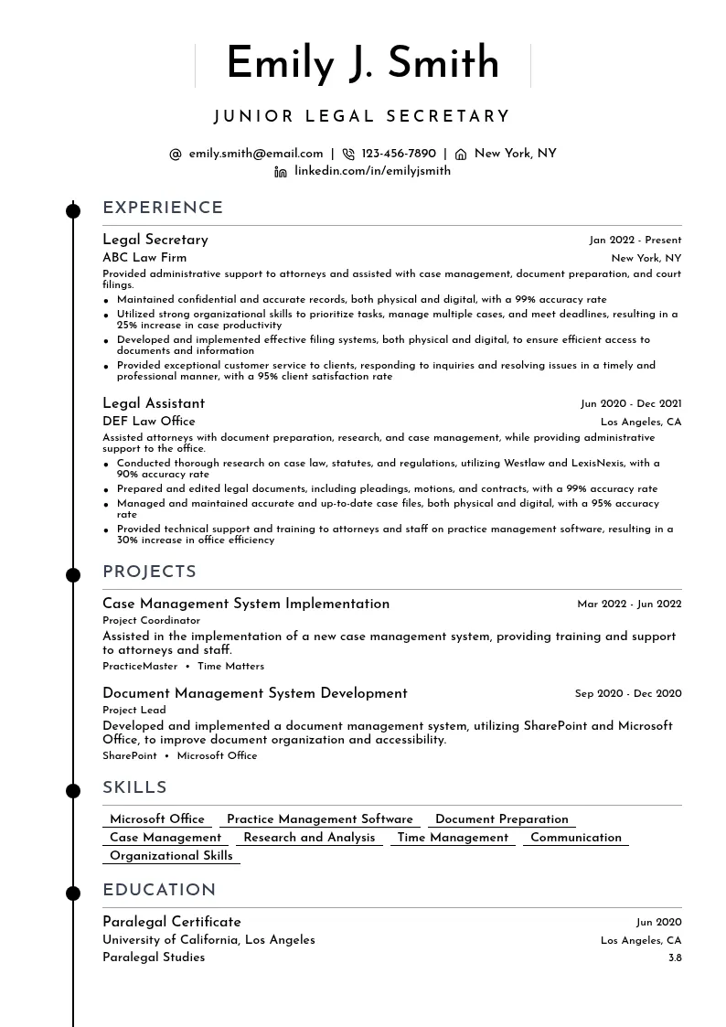 Junior Legal Secretary resume example