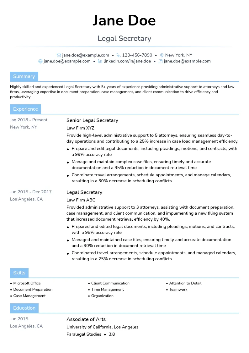Legal Secretary resume example
