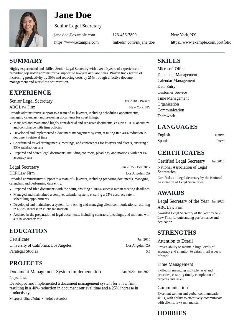 Senior Legal Secretary resume example
