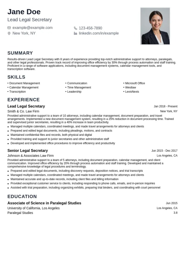 Lead Legal Secretary resume example