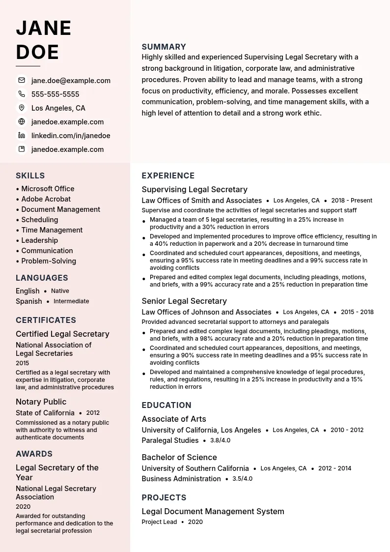Supervising Legal Secretary resume example