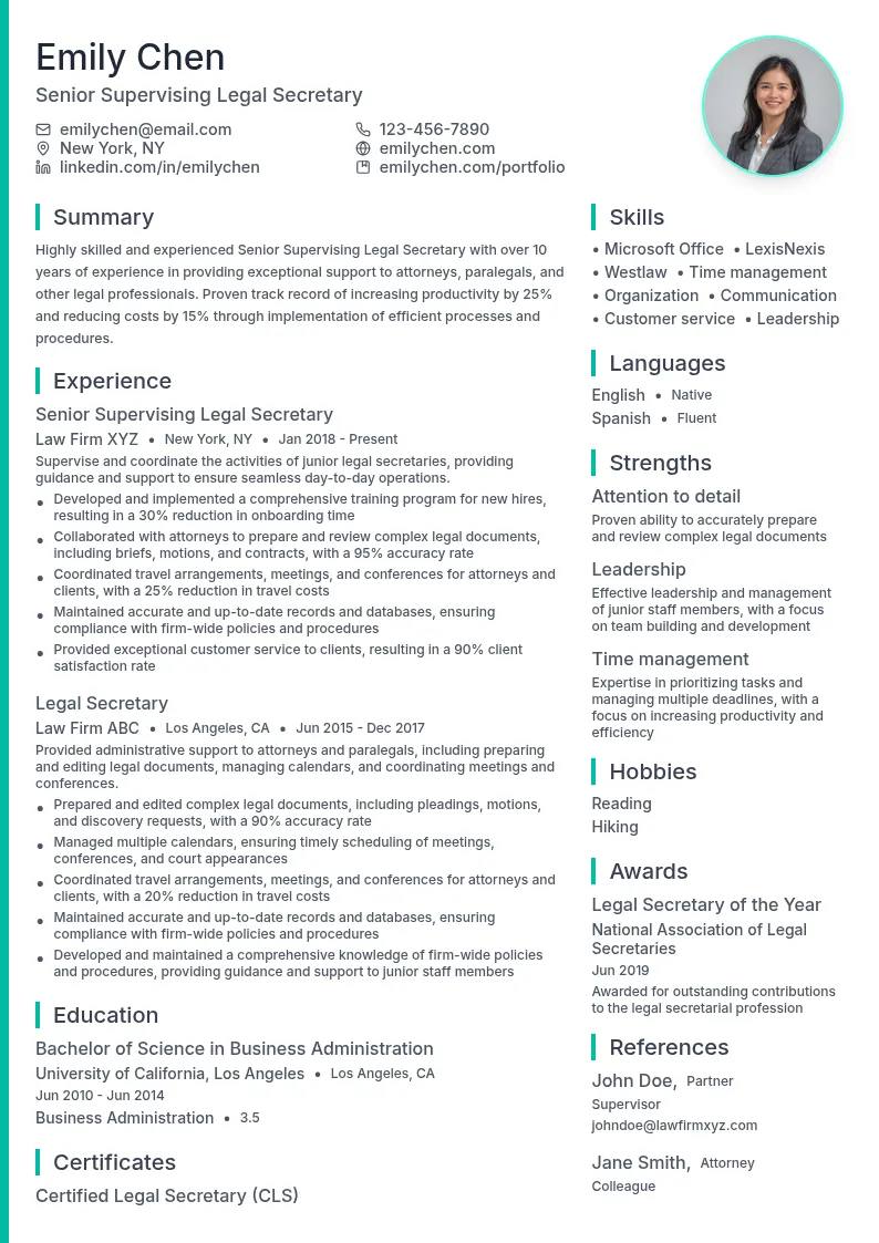 Senior Supervising Legal Secretary resume example