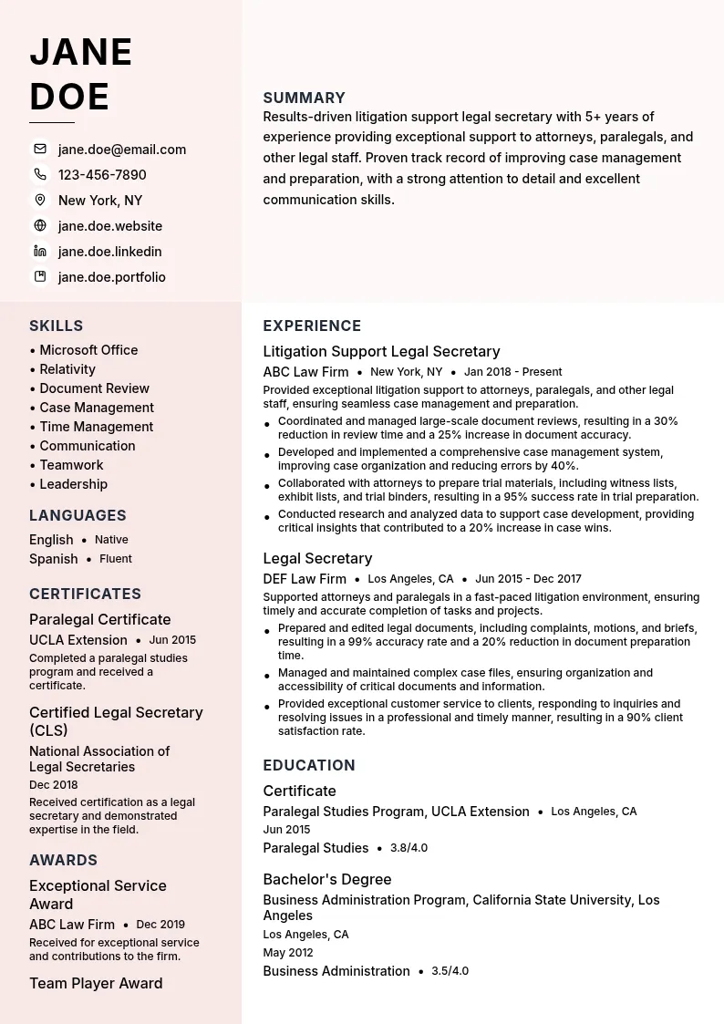 Litigation Support Legal Secretary resume example