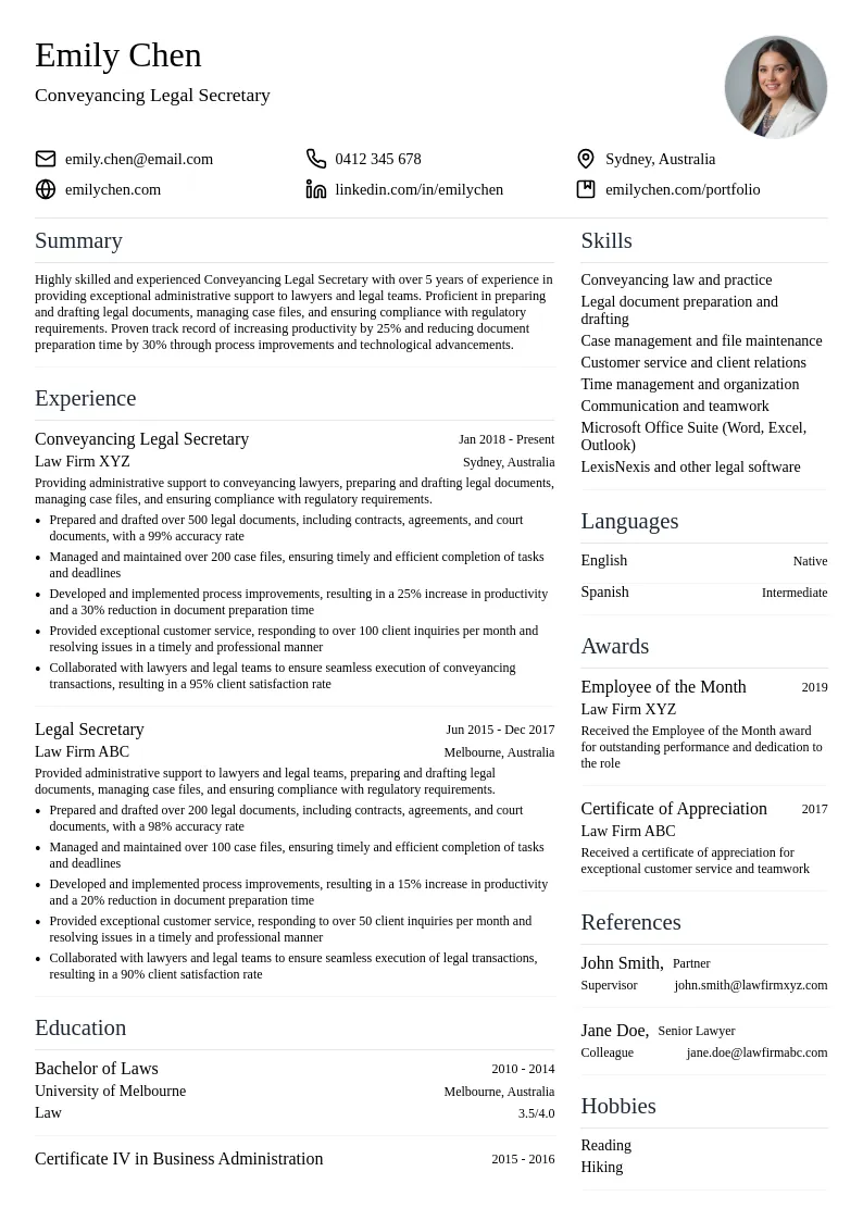 Conveyancing Legal Secretary resume example