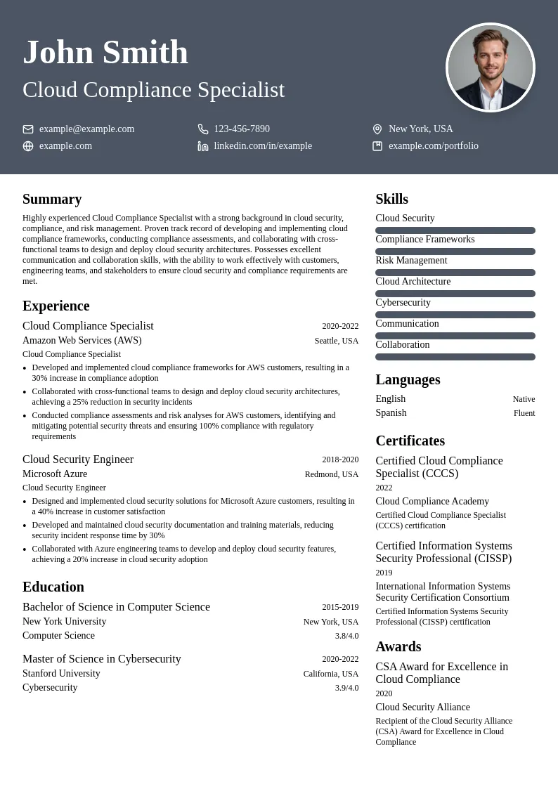 Cloud Compliance Specialist resume example