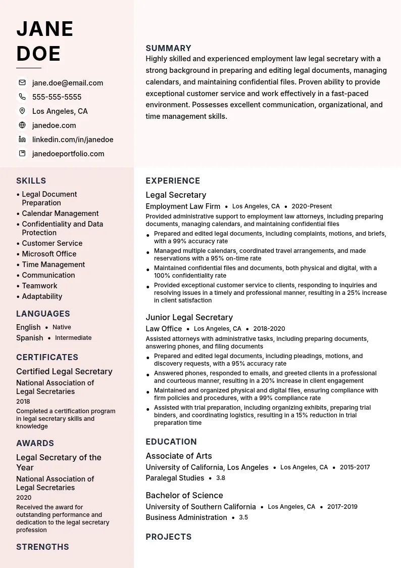 Employment Law Legal Secretary resume example