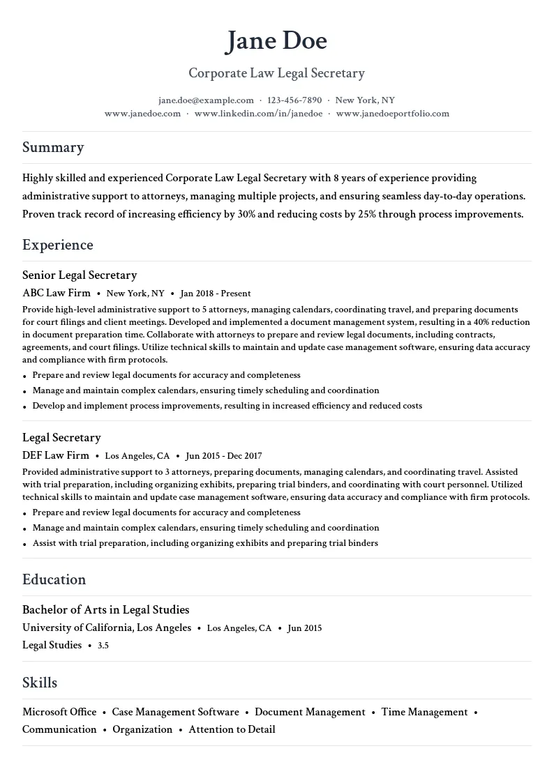 Corporate Law Legal Secretary resume example
