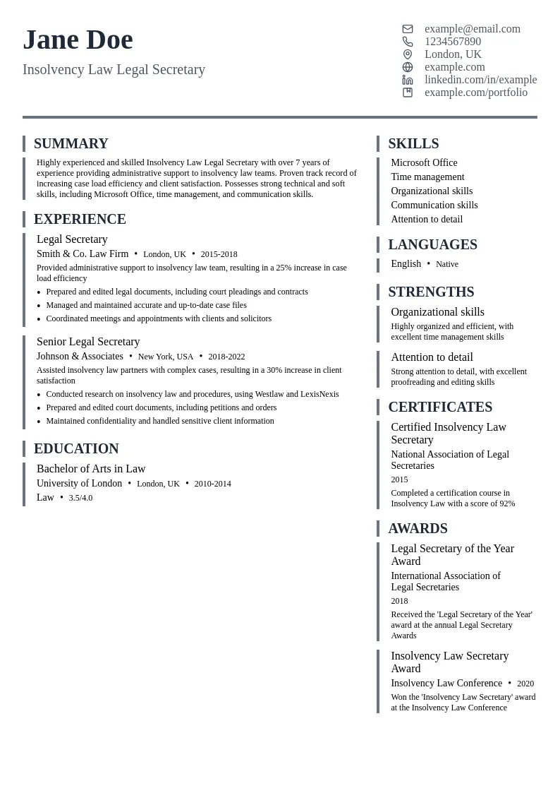 Insolvency Law Legal Secretary resume example
