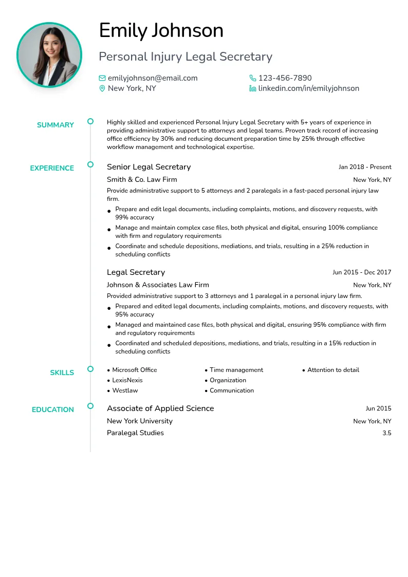 Personal Injury Legal Secretary resume example