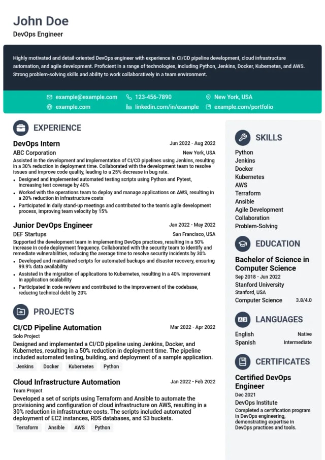 DevOps Intern resume example