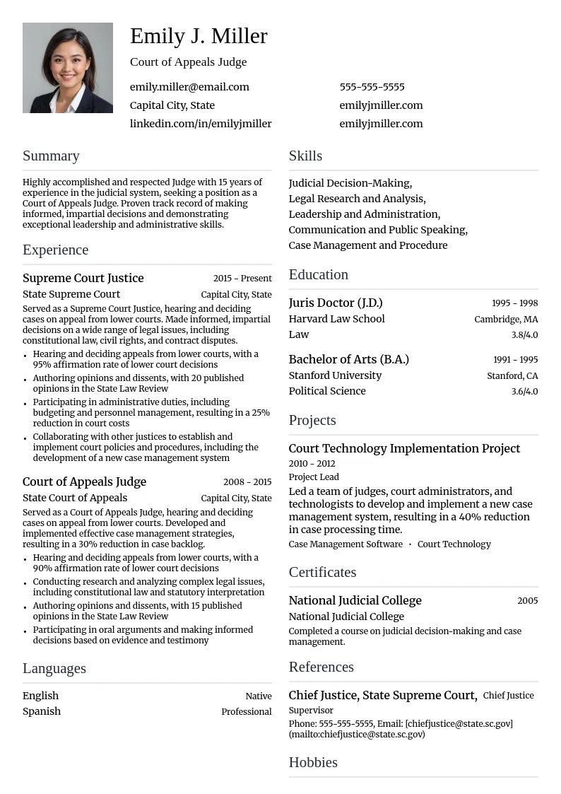 Court of Appeals Judge resume example