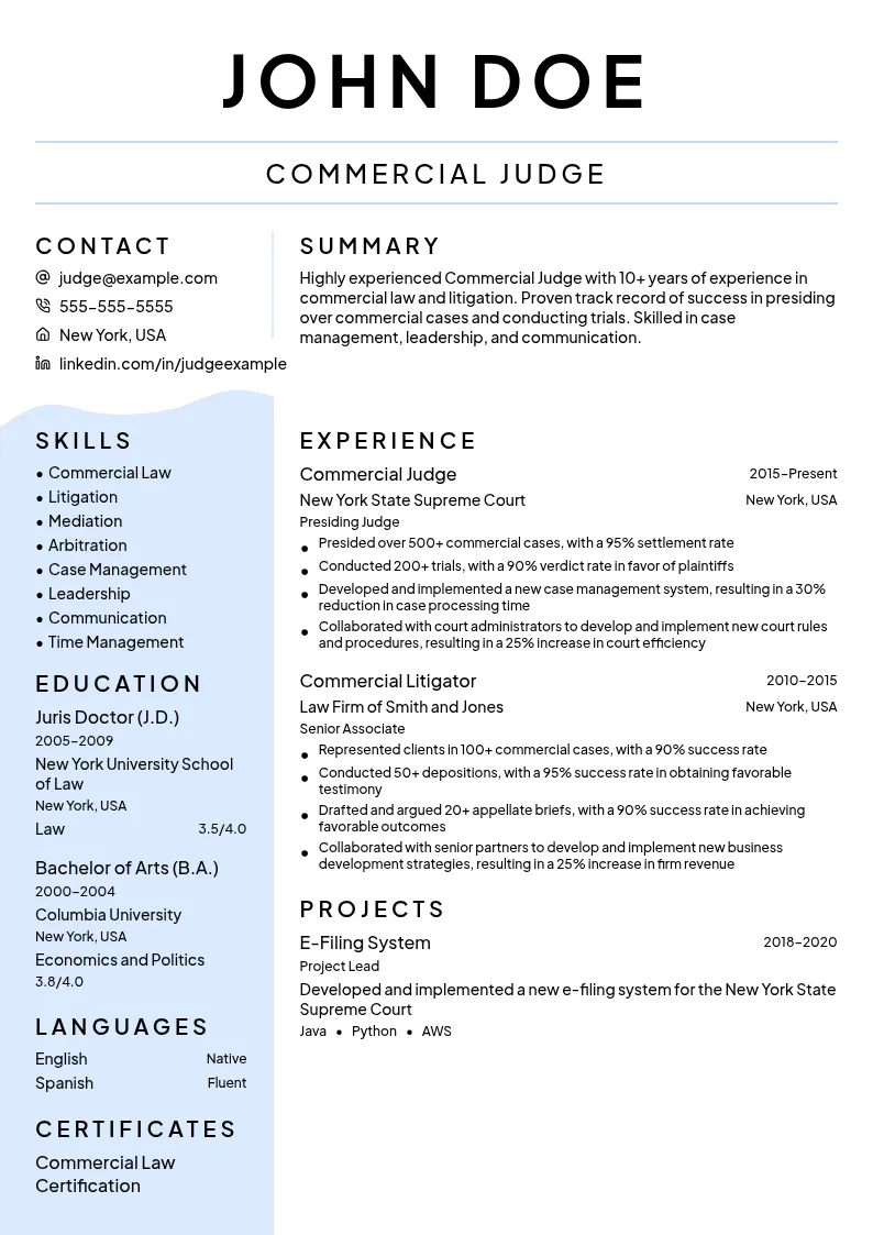 Commercial Judge resume example