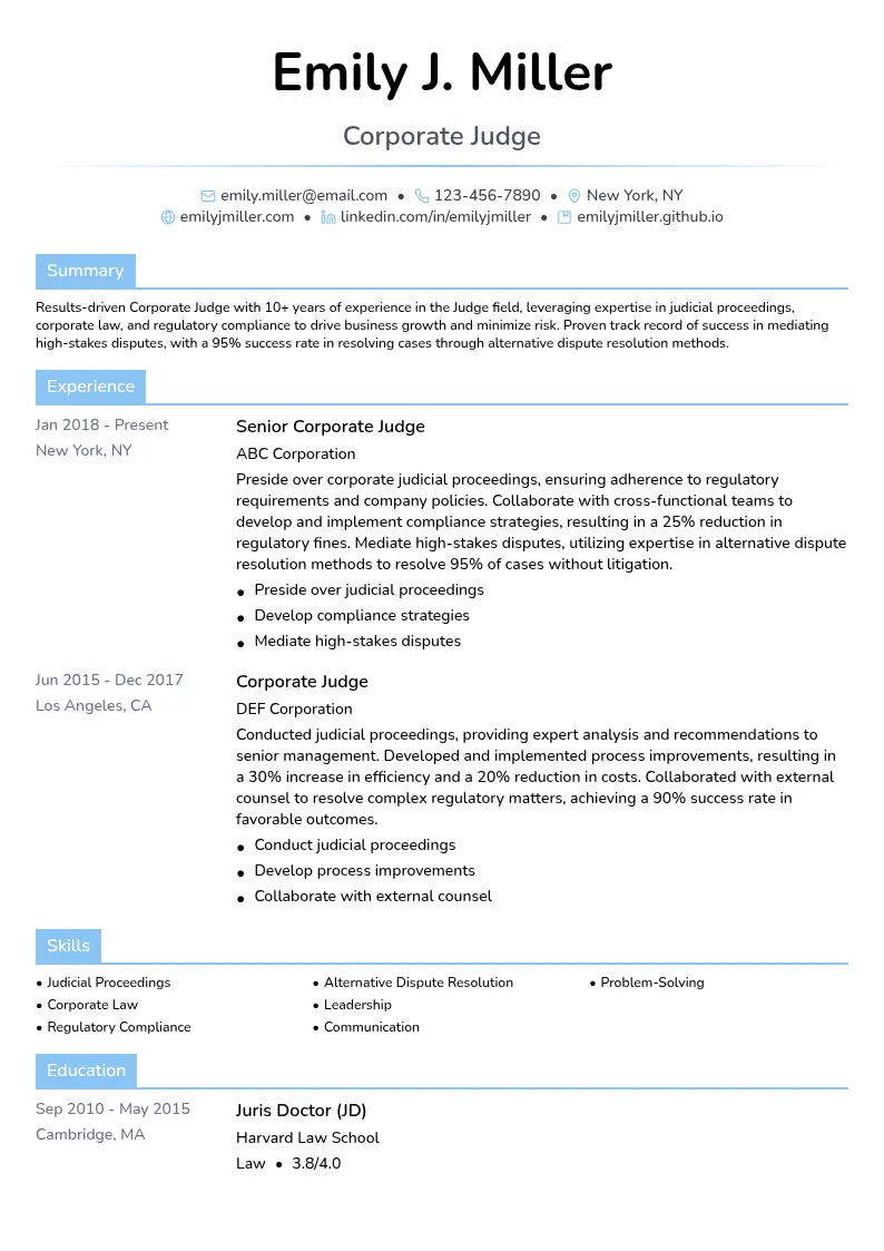 Corporate Judge resume example