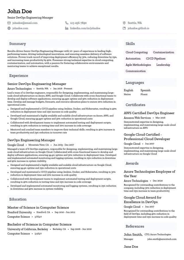 Senior DevOps Engineering Manager resume example