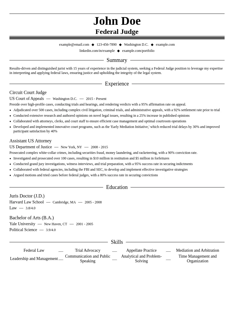 Federal Judge resume example