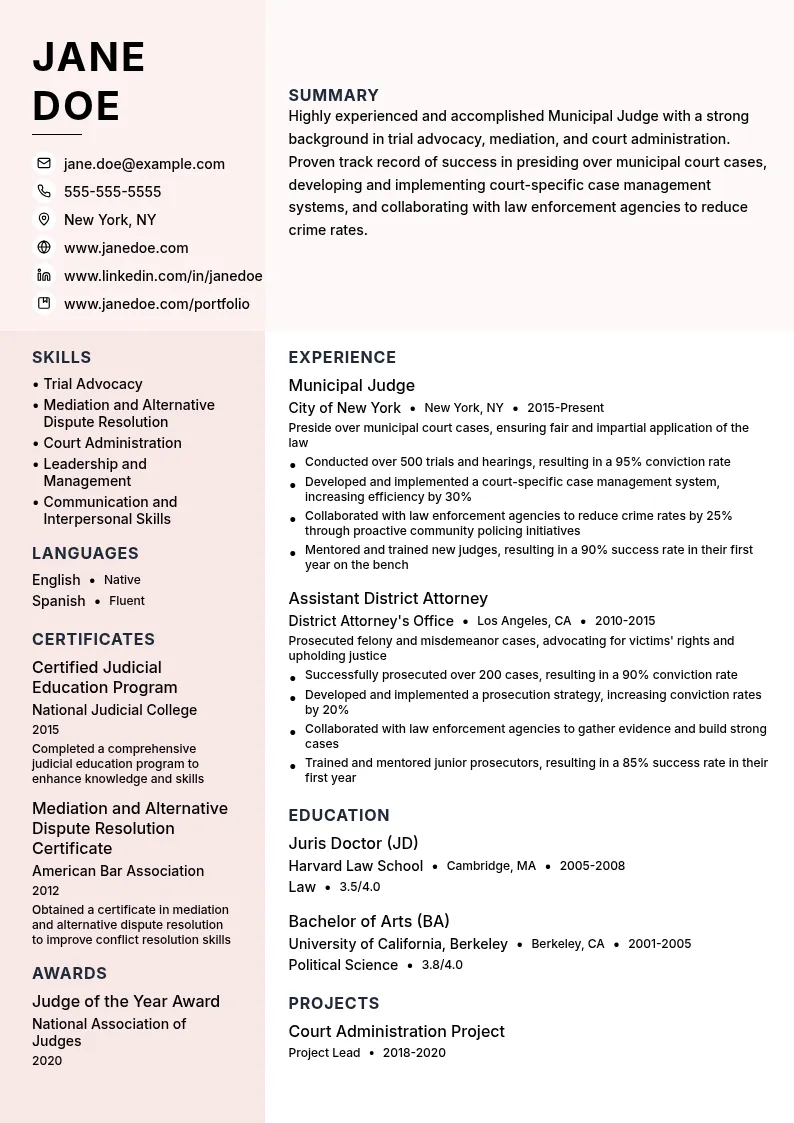 Municipal Judge resume example