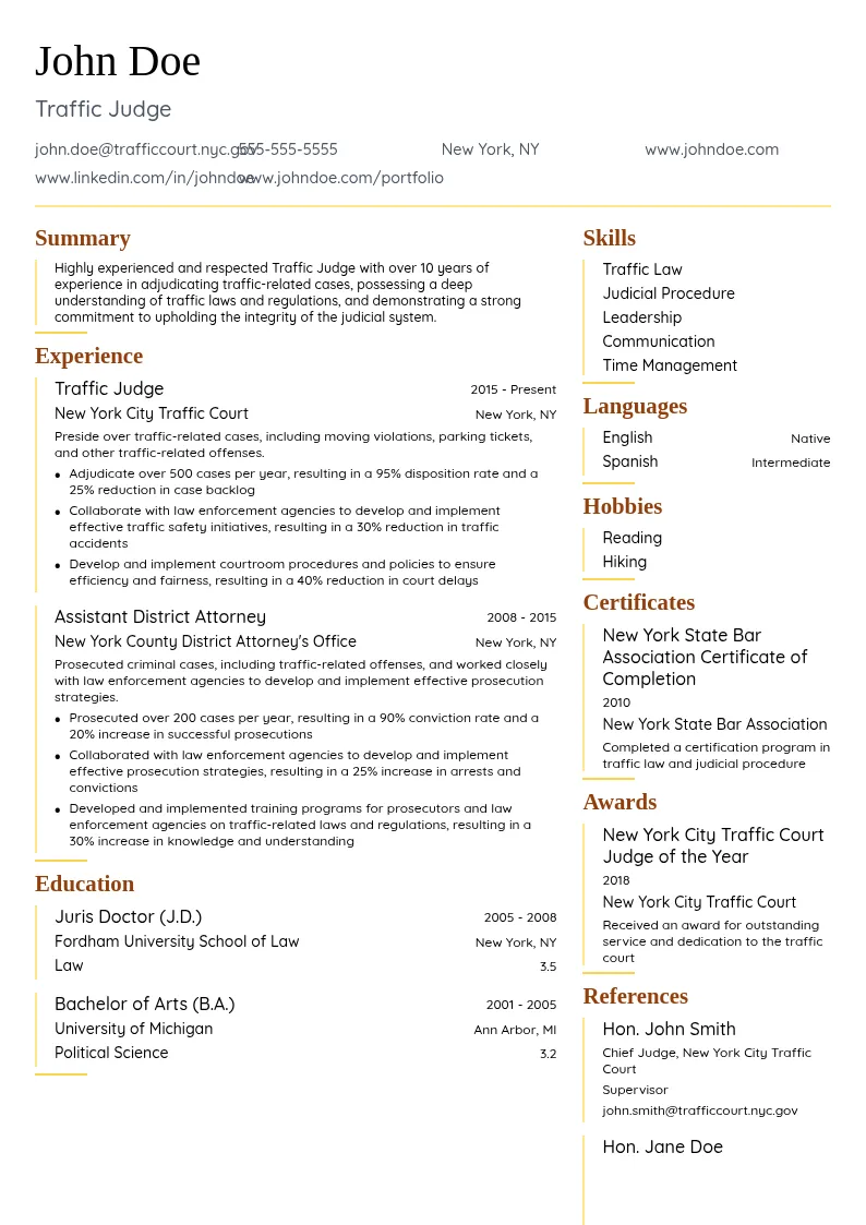 Traffic Judge resume example
