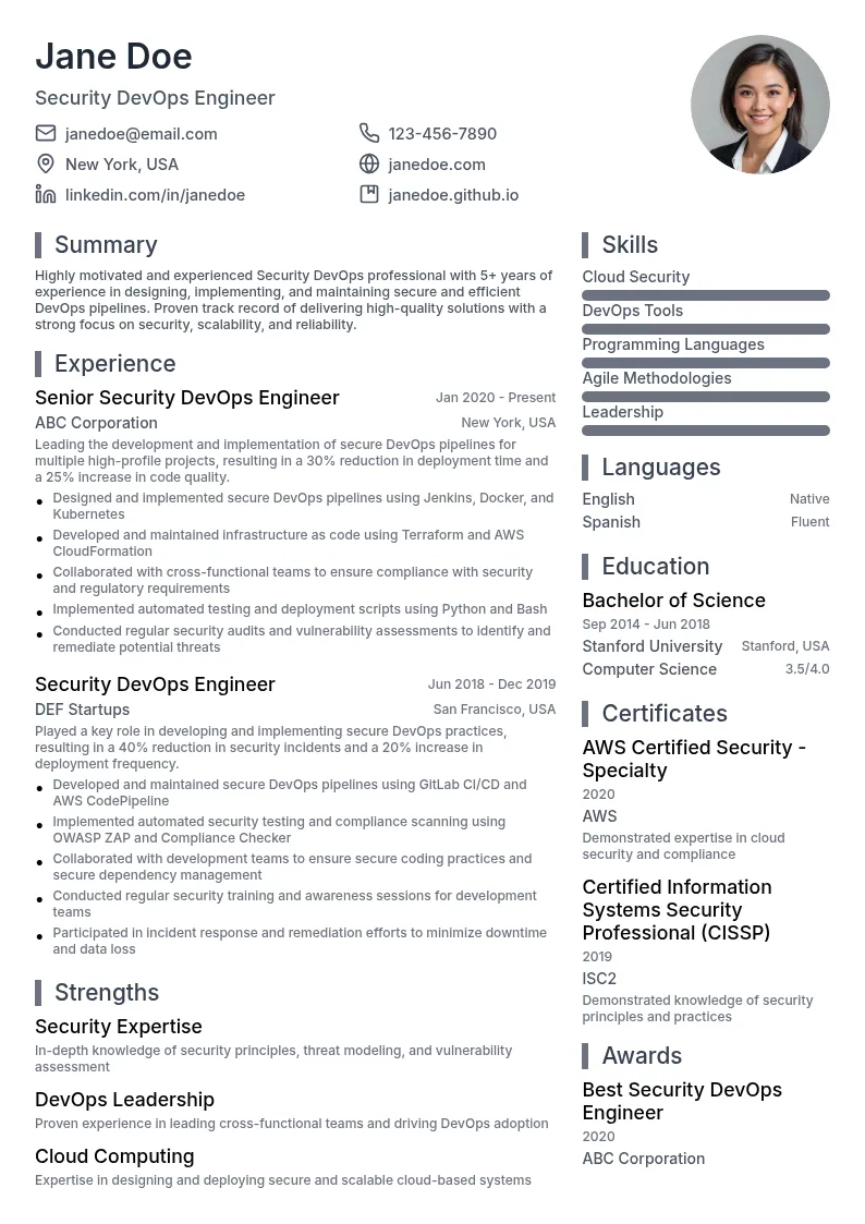 Security DevOps resume example