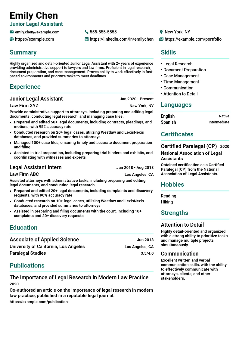 Junior Legal Assistant resume example