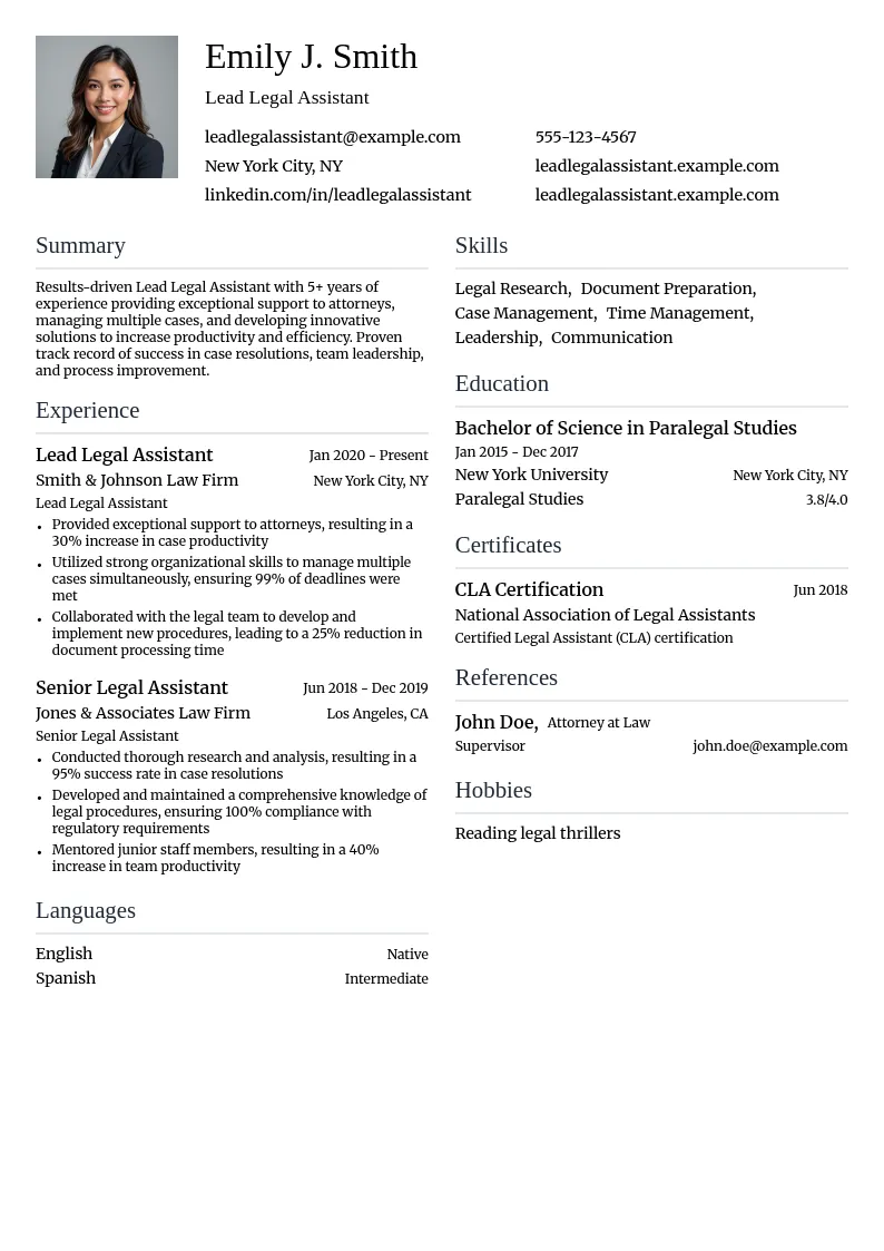 Lead Legal Assistant resume example