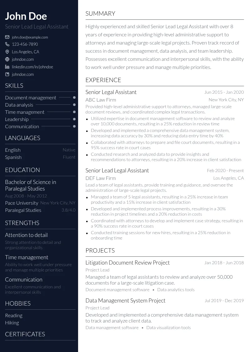 Senior Lead Legal Assistant resume example