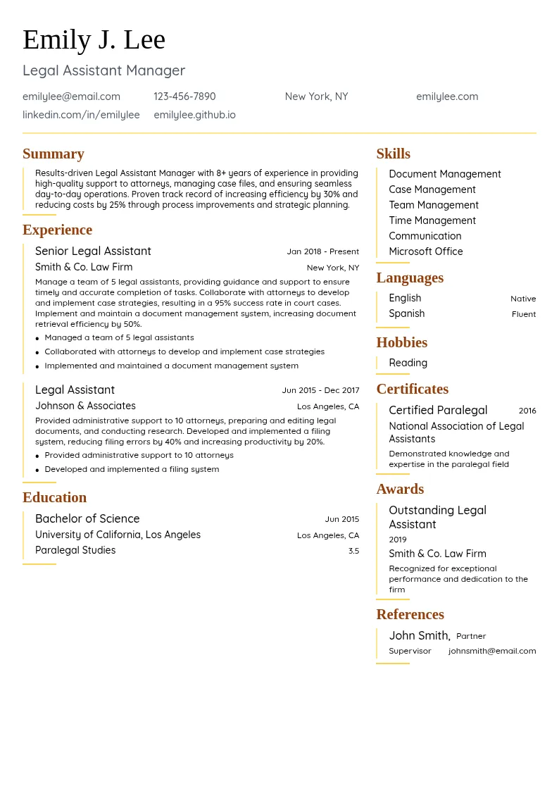 Legal Assistant Manager resume example