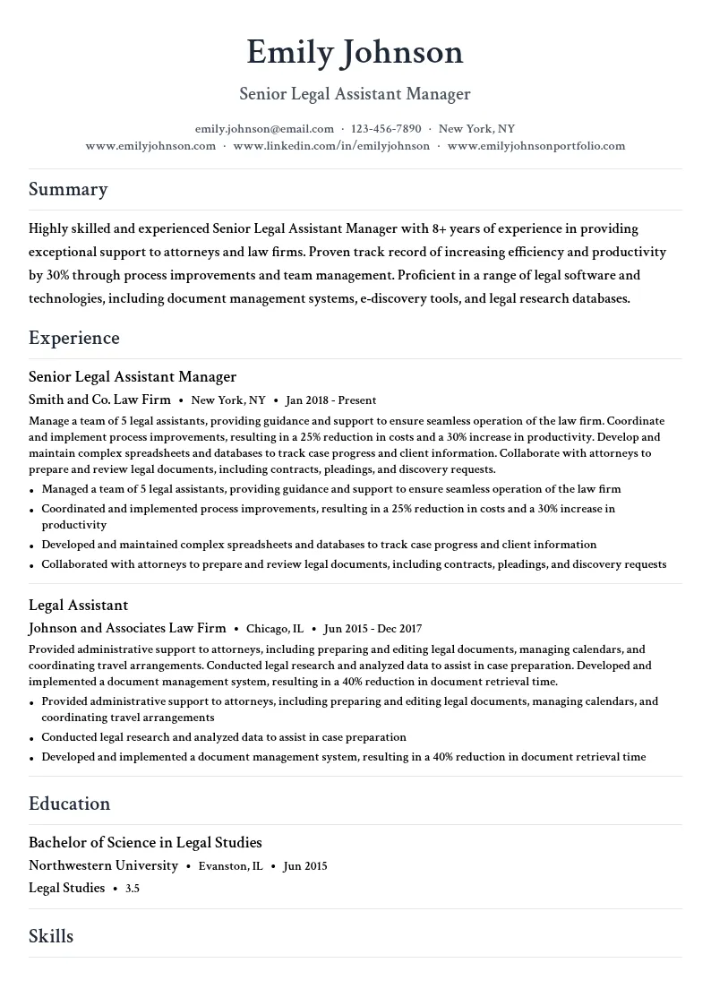 Senior Legal Assistant Manager resume example
