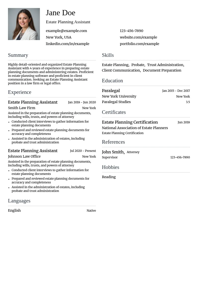 Estate Planning Assistant resume example