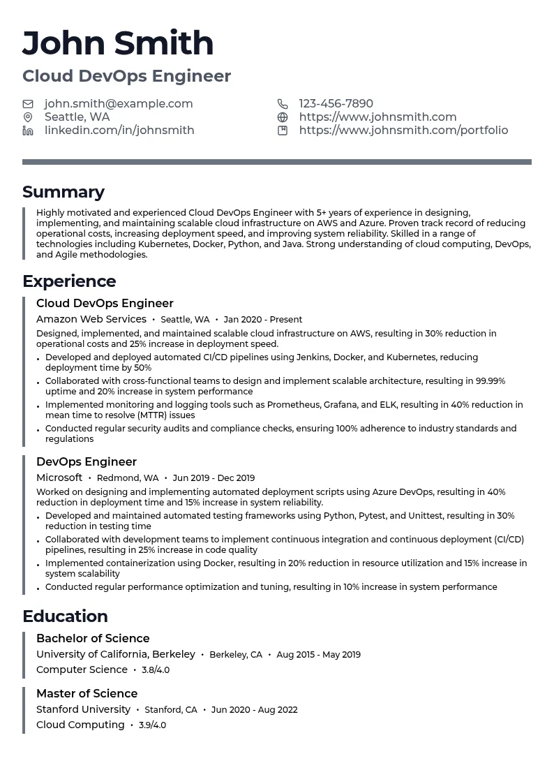Cloud DevOps resume example