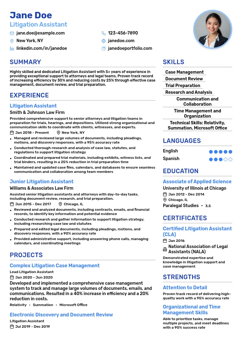 Litigation Assistant resume example