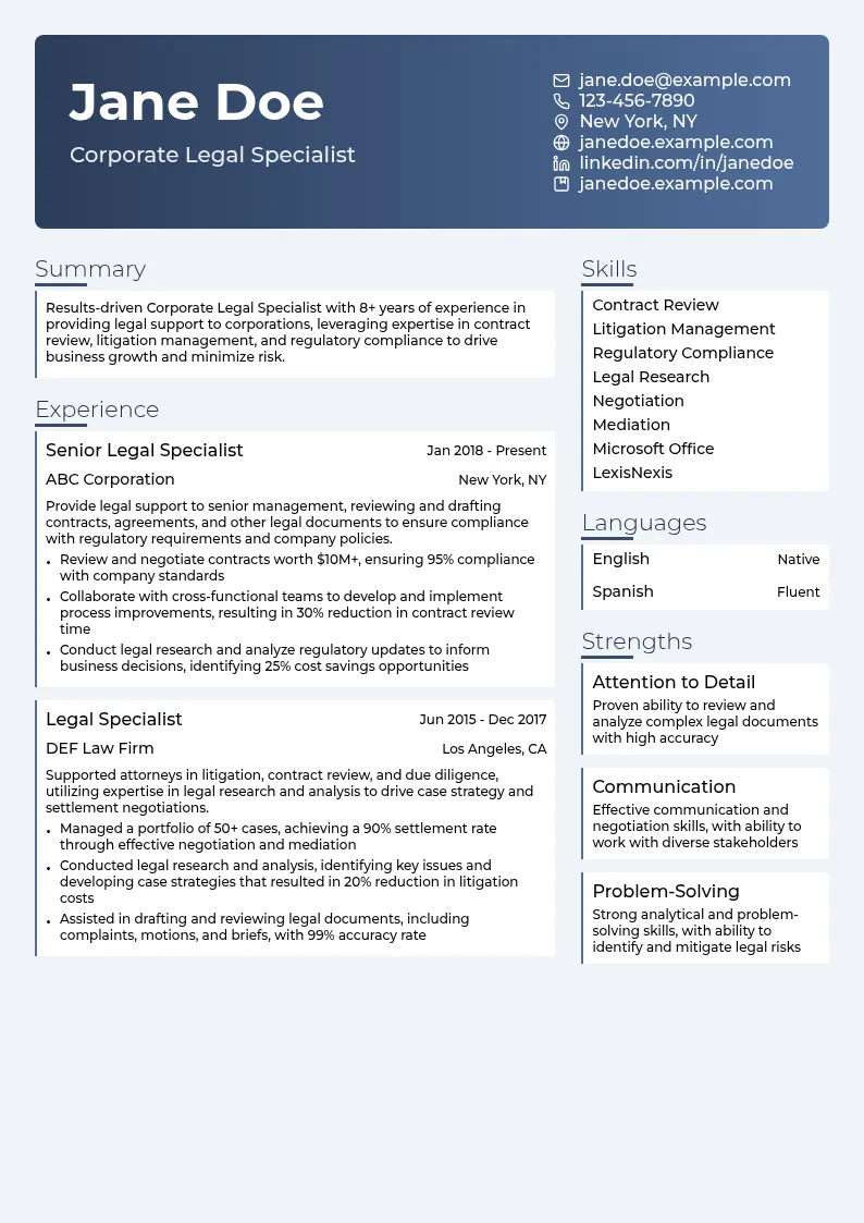 Corporate Legal Specialist resume example