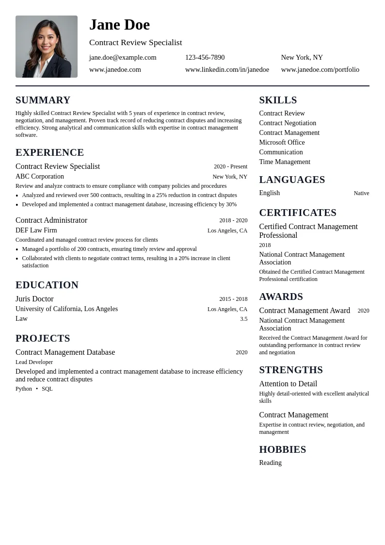 Contract Review Specialist resume example