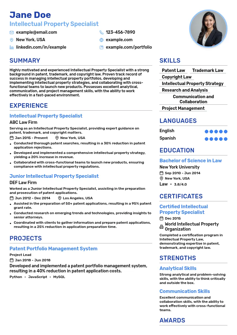 Intellectual Property Specialist resume example