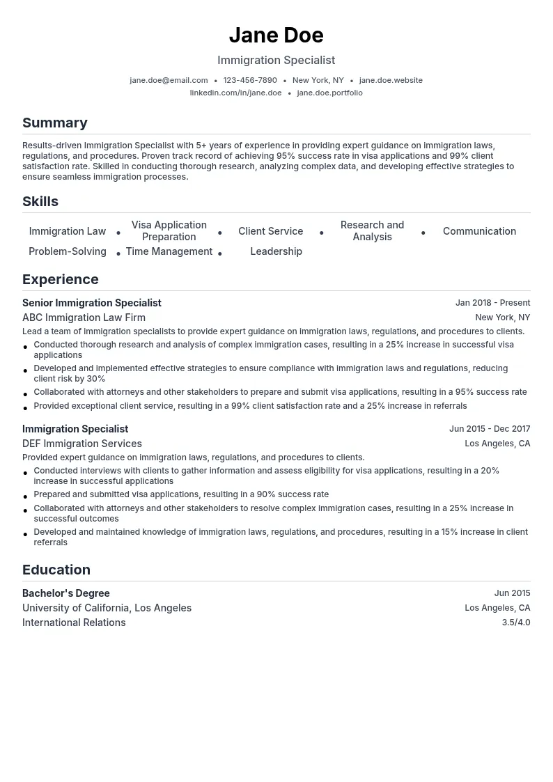 Immigration Specialist resume example